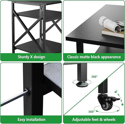 Ollieroo 3 Tier Printer Stand, Large Table with Wheels, Rolling Cart with Height Adjustable Middle Storage Shelf, 23.6 x 23.6 x 30.3 Inches Shelf for Home Office, Black