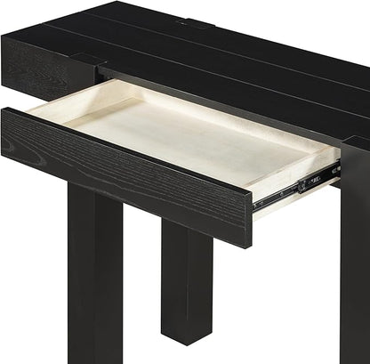 Rustic Minimalist Solid Wood Console Table with Hidden Drawer & Side Power Outlet – Entryway, Living Room, Home Office Furniture with 80mm Thick Legs & Spliced Tabletop Design (Black)
