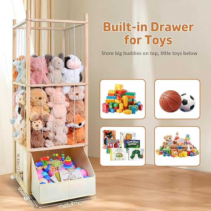 Stuffed Animal Storage with Tiny Toys Tray, Wood Stuffed Animal Zoo Storage with Brake Wheels, Space-Saving Plushie Playhouse for Nursery, Playroom, Kids Bedroom- Easy Assembly