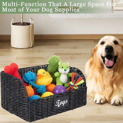 Pet Dog Toy Storage Basket,Collapsible Poly Wicker Baskets for Dog Cat Toys,Trapezoid Dog Toy Bin,Dog Storage Organizer for Leash Blanket Toys,Ideal for Living Room,Playroom(Black)