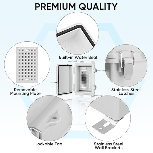 TICONN Outdoor Electrical Box Waterproof, Junction Box IP67 ABS Plastic Enclosure with Hinged Cover with Mounting Plate, Wall Brackets, Cable Glands (Off-White, 5.9"x3.9"x2.8")