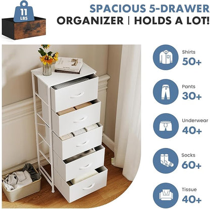 DUMOS Nightstand with 5 Drawers Bedside Table with Removable Fabric Bins Sturdy Steel Frame Wood Top Organizer Furniture for Bedroom Closet Living Room, White