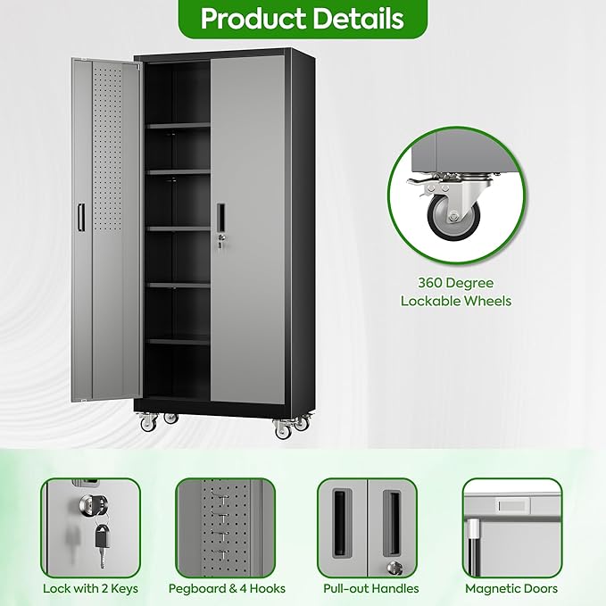 71" H Garage Storage Cabinet with Wheels and Pegboard, Lockable Metal Storage Cabinet with 5 Adjustable Shelves and 4 Hooks for Garage,Warehouse, Home, Assembly Required, Black and Gray