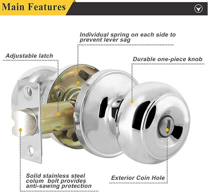 Probrico Interior Door Knobs, 10 Pack Bedroom Bathroom Doorknob with Lock Keyless, Polished Chrome Finish, Universible Door Handles, Colonial Ball Knob