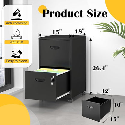 2 Drawer File Cabinet with Lock，Black Rolling File Cabinet for Home Office, Metal Small Mobile Filing Cabinets on Wheels for Hanging Letter