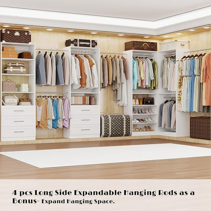 Closet System with 4 Sets, Closet Organizer Systems with 6 Drawers & 8 Hanging Rods & Adjustable Shelves, Walk in Closet Freestanding Closet System Modular Closet System Set White