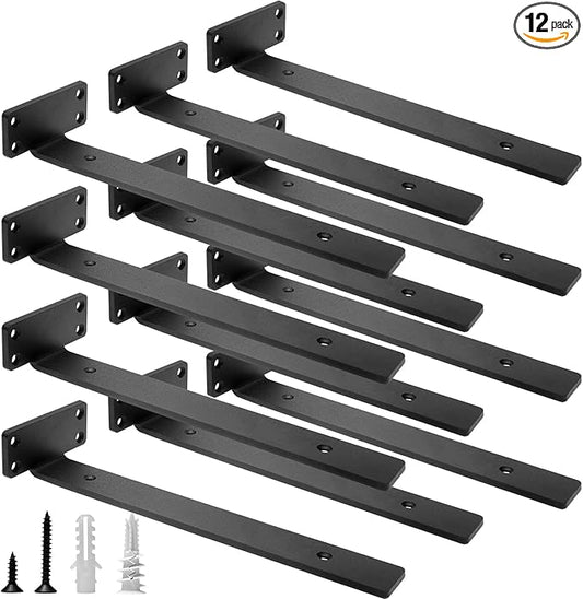 HITOMEN Heavy Duty Floating Shelf Brackets, 12-Inch (1/5'' Thick) Hidden Shelves Hardware, Iron L Brackets, Rustic Industrial Black Metal Wall Shelving Supports, 12 Pack