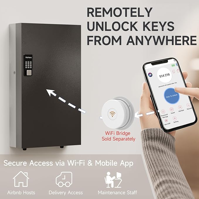 WeHere Key Lock Box with Code, 360-Key Cabinet with Bluetooth App Access, One-Time Password Unlock, Remote Unlock via Gateway, Steel Key Storage Box for Office, School, Garage and Property Management