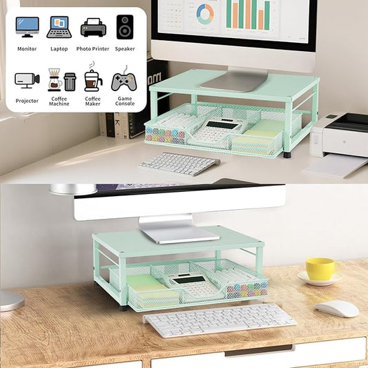Small Laptop Stand for Desk, Monitor Stand Riser, Office Desk Accessories, Computer Desktop Stand with Drawer for Home, Office, School (Mint Green)