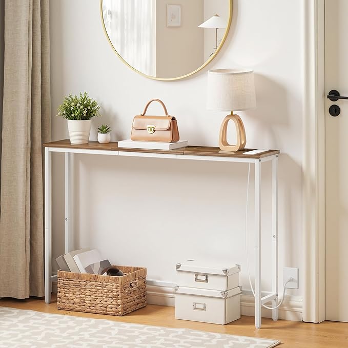 HOOBRO Narrow Console Table with Power Outlets, 44.9 Inches Sofa Table, Slim Behind Couch Table, Entryway Table with Display Shelf, for Living Room, Foyer, Hallway, Walnut and White WH114UXG01