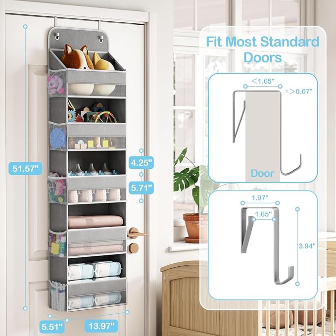 LAMU 5-Tier Over The Door Organizer Hanging, Swing - Proof Closet Behind Door Storage for Baby Clothes, Back of Door Organizers for Bedroom, Nursery and Bathroom, Grey, 2 Pack