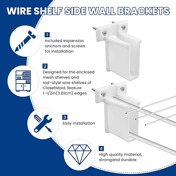4 Pcs Wire Shelf End Bracket, White Plastic Wall Mount Closet Shelves Brackets for Shelves Closet, Comes with Fasteners