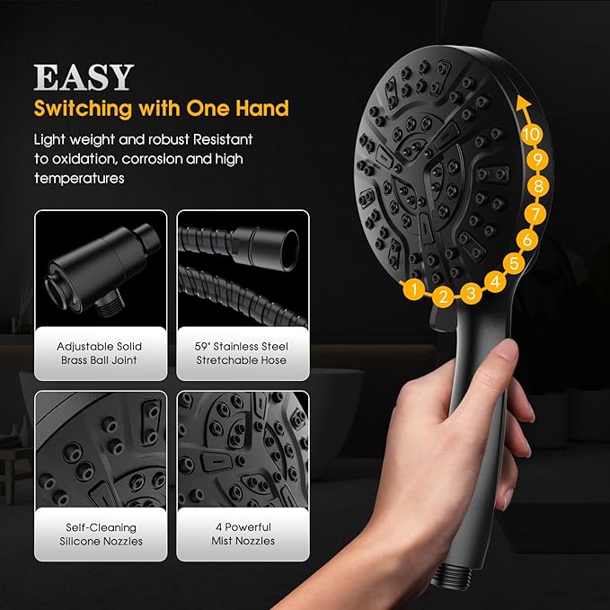 High Pressure 10 Ways Handheld Shower Head Matte Black- Anti-clog Nozzles, Built-in Power Wash to Clean Tub, Wall & Overhead Brackets,Magnetitc Rainfall Shower Wand,Built-in 2 Power Jet