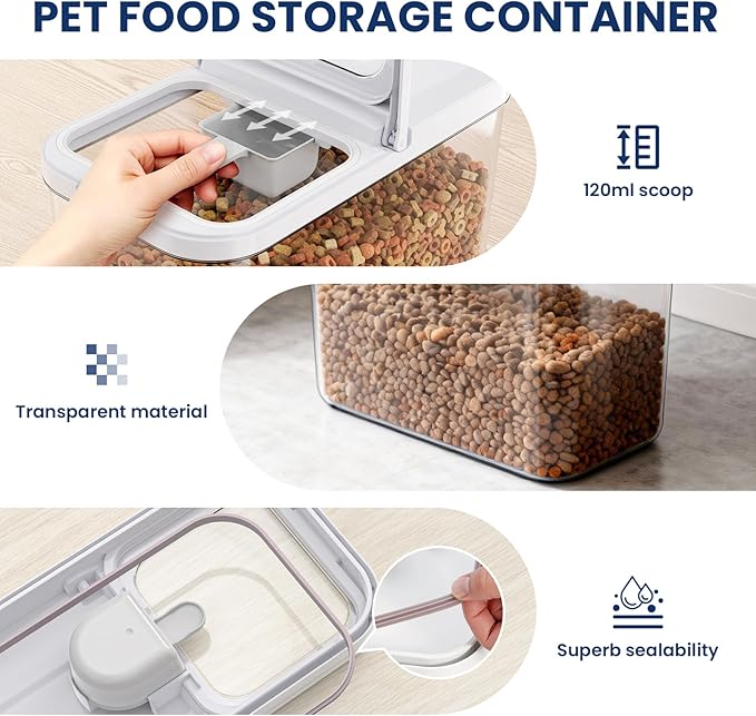 6 Lbs Airtight Dog Cat Food Storage Container and Dog Treat Containers BPA-Free, PET Clear Stackable Pet Storage Bin, 1-Cup Scoop, 1-Sponge cleaning brush, Pop Top, With handle, Easy Mobility