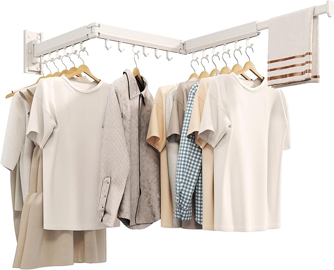 Wall Mounted Clothes Drying Rack, Collapsible Laundry Drying Rack, Retractable Foldable Drying Rack Clothing for Hanging Clothes,White-Hooks