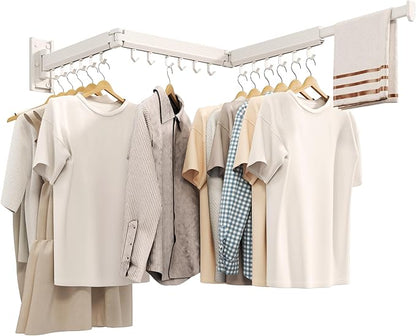 Wall Mounted Clothes Drying Rack, Collapsible Laundry Drying Rack, Retractable Foldable Drying Rack Clothing for Hanging Clothes,White-Hooks