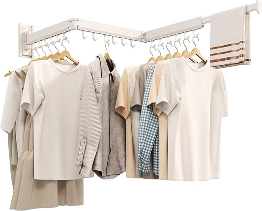 Wall Mounted Clothes Drying Rack, Collapsible Laundry Drying Rack, Retractable Foldable Drying Rack Clothing for Hanging Clothes,White-Hooks