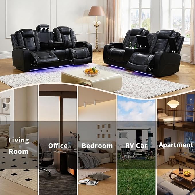 Living Room Furniture Sets, Power Reclining Sofa and Lovseat Set with Reading Light, Leather Recliner Couch Sets, Power Recliner Sofa with LED Storage Console/Cup Holder for Home/Apt/Office