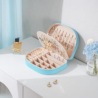 ProCase Travel Size Jewelry Box, Large Portable Seashell-Shaped Jewelry Case, 2 Layer Jewelry Organizer in PU Leather for Women -Blue