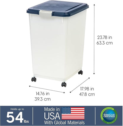 IRIS USA Dog Food Storage Container, Up to 54 Pounds, Attachable Wheels, For Dog Cat Bird and Other Pet Food Storage Bin, Keep Fresh, Easy Mobility - Made in USA, Navy/Pearl