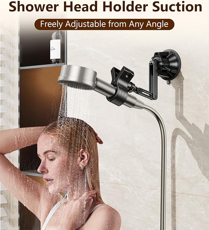 Adjustable Shower Head Holder, Strong Suction Cup Handheld Shower Wand Holder with 360° Rotation & Telescopic Arm,Wall Mount for RV/Bathroom, No Drill Adhesive Free Showerhead Mount Hanger