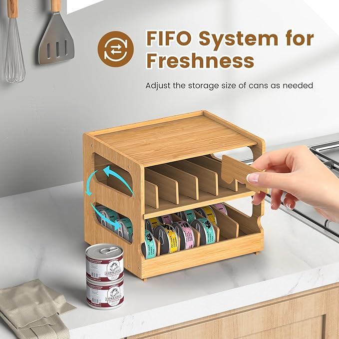 Teamkio Canned Cat Food Organizer, Bamboo Can Organizer for Pantry, 2 Tier Stackable Can Storage Rack Ideal for 36 Cans Wet Cat Food Organizer (FIFO)