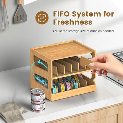 Teamkio Canned Cat Food Organizer, Bamboo Can Organizer for Pantry, 2 Tier Stackable Can Storage Rack Ideal for 36 Cans Wet Cat Food Organizer (FIFO)