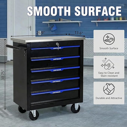 5-Drawer Rolling Tool Chest with Stainless Steel Countertop,Tool Chest with Secure Locking System,Mobile Storage Tool Cabinet with 360°Wheels and Padded Feet,for Home,Garage (Black+Blue)