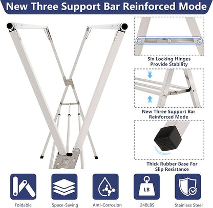 95 inches foldable clothes drying rack, heavy duty stainless steel laundry drying rack for indoor outdoor , clothes rack adjustable length. 3 additional reinforcement bars with 20 windproof hooks
