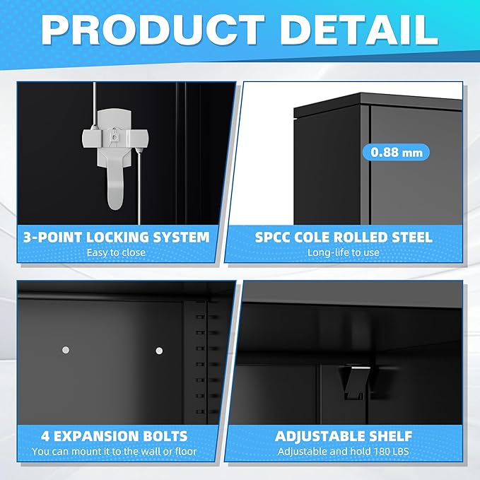 Bonusall Metal Cabinet,Garage Storage Cabinets with Door and Shelves, 72" H Tool Cabinet with 2 Lockable Doors, Locking Locker Cabinet for Home Office,Warehouse,School(Black)