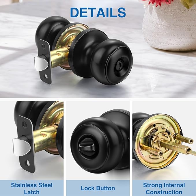 Sopoby Privacy Door Knob, 6 Pack Matte Black Round Keyless Doorknobs Interior/Exterior Lockset, Privacy Locking Door Knobs for Bedroom/Bathroom, Black Modern Design Door Hardware