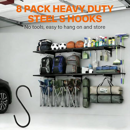 2 Pack Garage Wall Shelves, Heavy Duty Wall Mounted Shelving, 46”x12.5” Floating Shelf, 8 Hooks–Industrial Storage System with Reinforced Steel Powder-Coated Finish, 380lbs Capacity for Shop, Basement