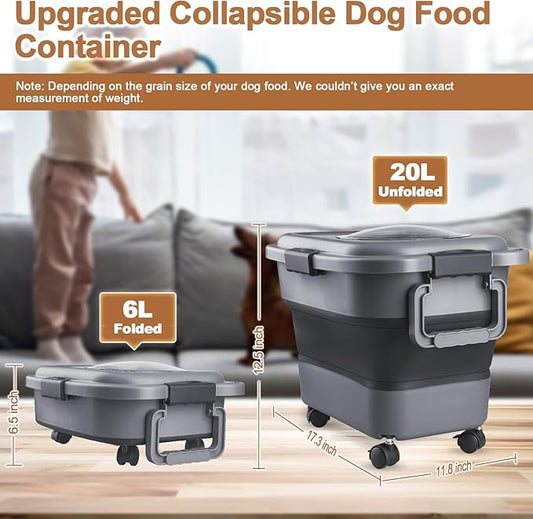Dog Food Storage Container, 10-20 lbs Airtight Collapsible Cat Food Storage Container with Attachable Wheels, Portable Handle, Dog Food Scoop for Dog Cat Bird Pet Dry Food Storage Bin Dark Grey