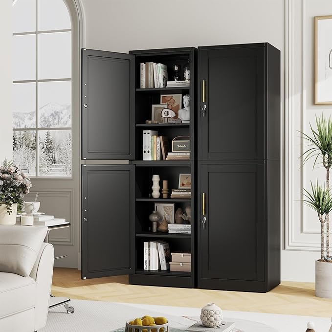 67" Metal Storage Cabinet with Lock, Tall Narrow Office File Cabinets with 2 Doors & 4 Adjustable Shelves, Metal Steel Locker for Home, School, Office, Garage or Gym (Black)