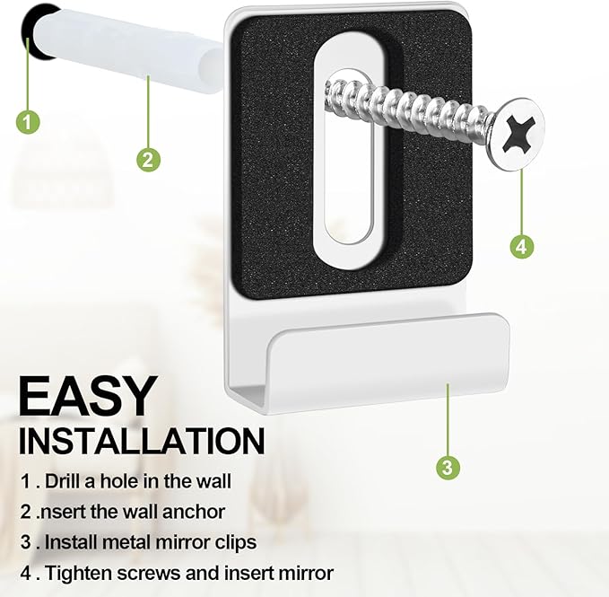 12 Pcs Metal Mirror Holder Clips for Wall Mounting Heavy Duty Frameless Mirror Hangers Hooks Hardware Mounting Clip for Wall Tile Billboard Display(White,1/4 Inch)