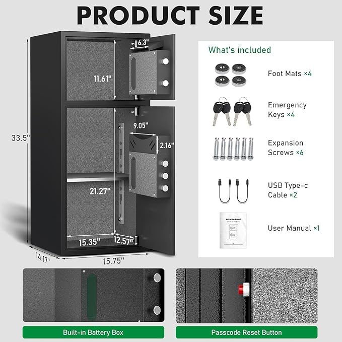 7.0 Cu ft Safe Box Fireproof Waterproof,with LED Light fire proof safe Box for home documents,password personal Fingerprint Safes with Deposit Slot & Dual Alarm System，Security Box fo Valuables