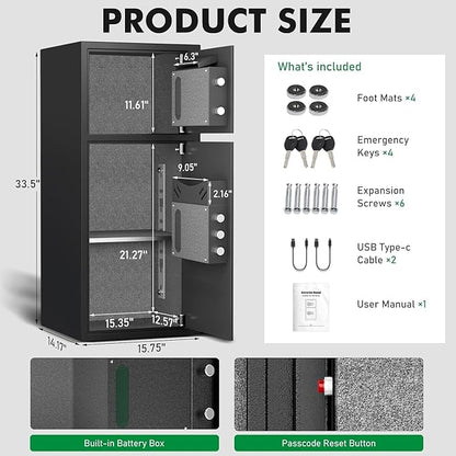 7.0 Cu ft Safe Box Fireproof Waterproof,with LED Light fire proof safe Box for home documents,password personal Fingerprint Safes with Deposit Slot & Dual Alarm System，Security Box fo Valuables
