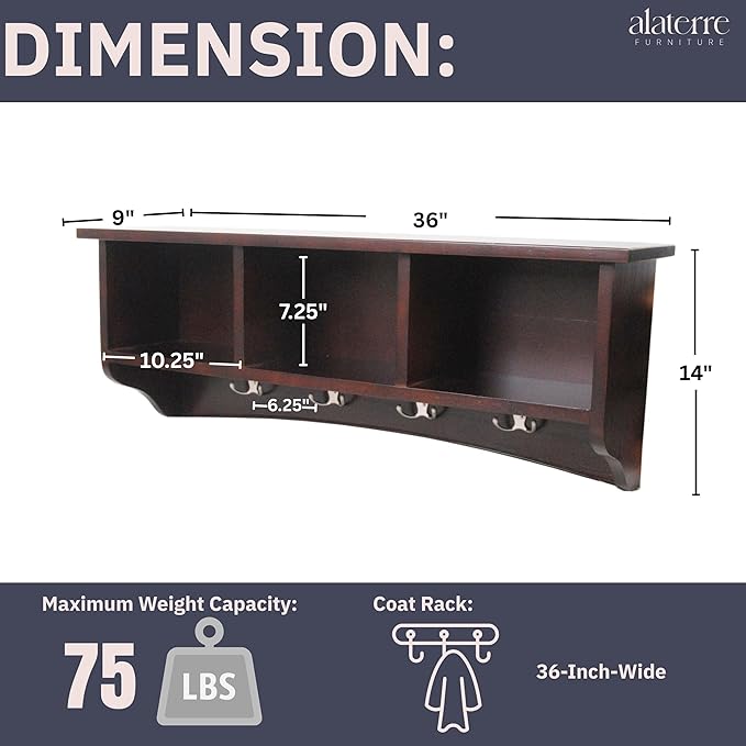 Shaker Cottage Wall-Mounted Coat Rack with 3 Storage Cubbies and 4 Hooks – Space-Saving Storage Rack and Wall Shelf Organizer for Entryway, Hallway, or Mudroom by Alaterre Furniture (Espresso Finish)