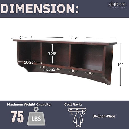 Shaker Cottage Wall-Mounted Coat Rack with 3 Storage Cubbies and 4 Hooks – Space-Saving Storage Rack and Wall Shelf Organizer for Entryway, Hallway, or Mudroom by Alaterre Furniture (Espresso Finish)