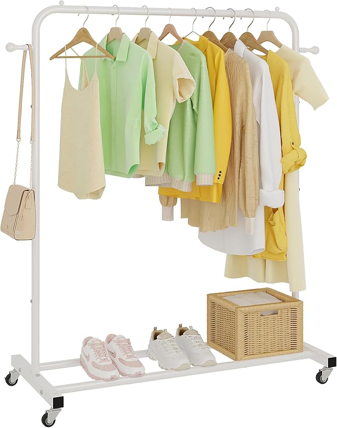 Sywhitta Clothing Rack on Wheels with Storage Shelf & Sturdy Metal Frame, Retail Clothing Rack for Hanging Clothes, Coats, Skirts,Space-Saving Mobile Organizer for Closet, Bedroom, Laundry Room, White