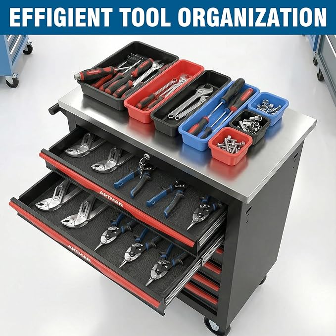 7-Drawer Rolling Tool Chest with Stainless Steel Countertop,Tool Chest with Secure Locking System,Mobile Storage Tool Cabinet with 360°Wheels and Padded Feet,for Home,Garage (Black+Red)