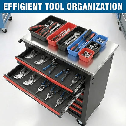 7-Drawer Rolling Tool Chest with Stainless Steel Countertop,Tool Chest with Secure Locking System,Mobile Storage Tool Cabinet with 360°Wheels and Padded Feet,for Home,Garage (Black+Red)