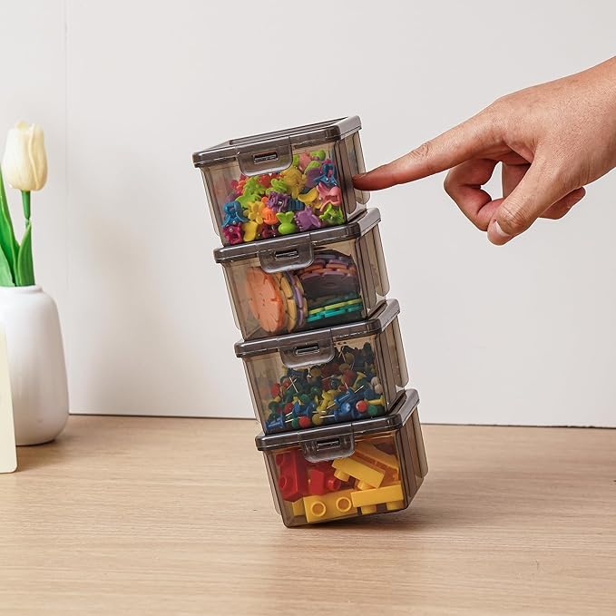 10-Pack Small Plastic Containers with Lids, Clear Stackable Storage Boxes & Bins Organizer for Bead Organizer, Craft Storage, Stickers, Jewelry & Small Items – Black Square Small