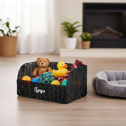 Dog Toy Basket Large Foldable Portable Rattan Dog Toy Storage Organizer for Living Room Bedroom Entryway Floor Corner Pet Toys Basket with Label, Dogs Toys Bin for Cats, Dogs and Pets-Black