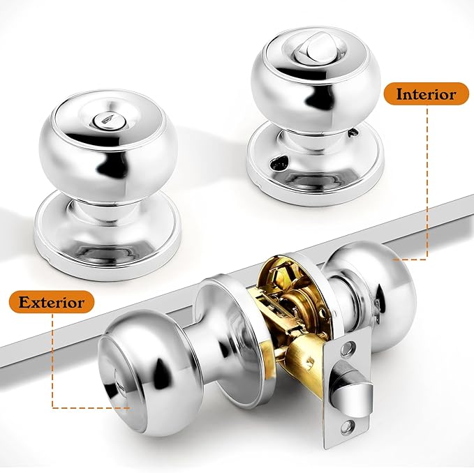 Probrico Polished Chrome Door Knobs, Interior Door Knobs with Round Ball Knob, Nickel Privacy Door Knob for Bedroom Bathroom, 7 Pack
