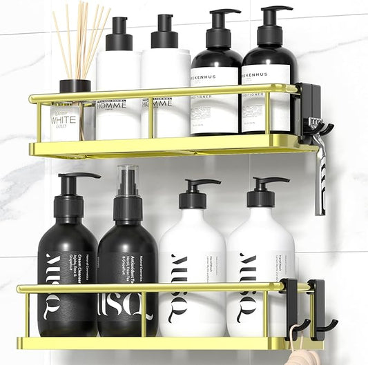 YASONIC Shower Caddy Adhesive, No Drill Bathroom Shower Organizers, with Removable Hooks, Rust Proof Shower Shelves, Wall-Mounted Shower Holder, 2 Pack Gold