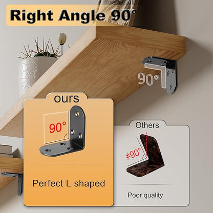 Alise 4Pcs Shelf Brackets Black, Stainless Steel Floating Shelf Brackets Corner Brackets, L Brackets for Shelves, 90 Degree Angle Bracket, Heavy Duty Shelf Brackets for Wood Furniture (2.56X2.56 in)