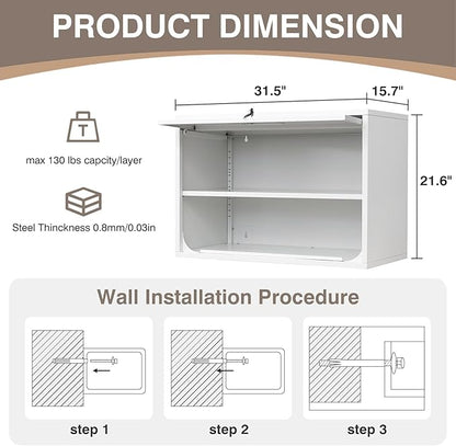 Metal Wall Cabinet with Locking Door and Shelf, Hanging Garage Cabinets with Up-Flip Doors for Garage, Warehouse, Home, Office, Assembly Required (White, One Cabinet)
