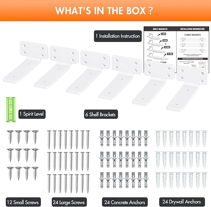 VANCASTLE Shelf Bracket, Floating Shelf Bracket 6 Inch, 6 Pack Heavy Duty Shelf Brackets, Metal Wall Shelf Brackets with 1/5 Inch Thick and Holds 160+lb, Brackets for Wood Shelves, White