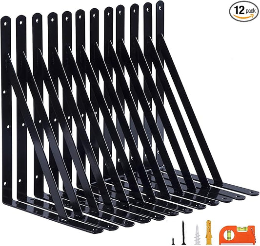 12-Pack 14 Inch Heavy Duty Shelf Brackets, Large Wall Bracket for Garage Storage Shelves, Black Powder-Coated Steel